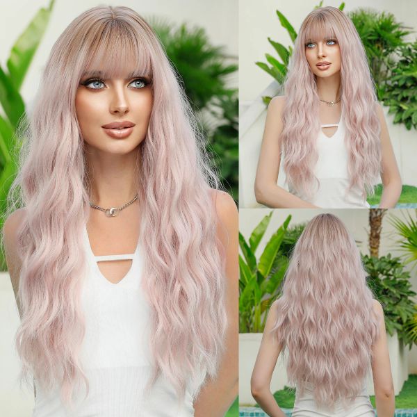 Perücken Namm Long Wavy Middle Teil Pink Perücke für Frauen tägliche Party Ombre