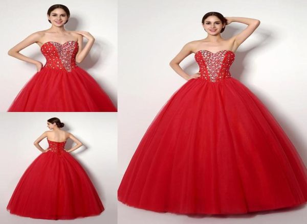 Abiti Quinceanera rossa economici in stock 2018 Crystals Sweetheart Ball Gowns Sweet 16 Dress Tulle High Quanlity Vestidos 15 Party PR2009943