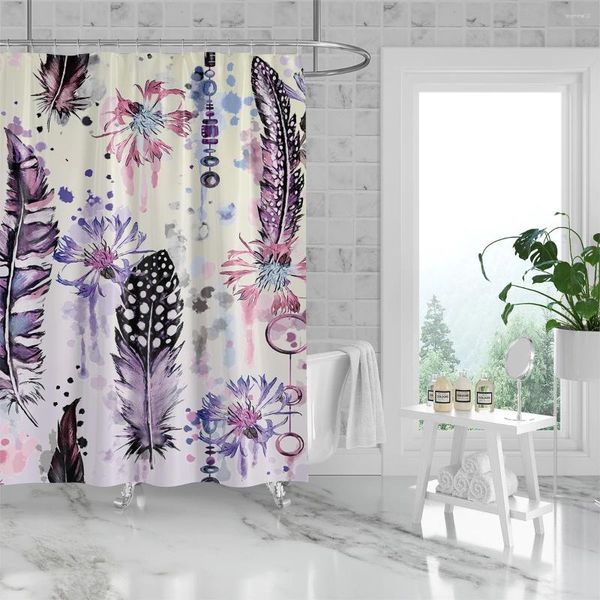 Duş perdeleri 180x180cm banyo su geçirmez polyester perde kalıp dirençli, kancalarla delinmiş mor halo efekt tüy çiçeği
