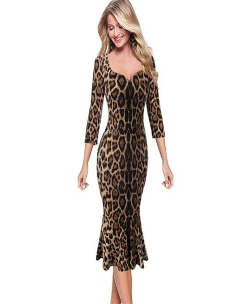 VFeMage Women Autunno Elegante Leopard Vintage Stampa Solido Casualmente Casualmente Christma Party BodyCon sirene Fishtail Midi abito 1360 24724189