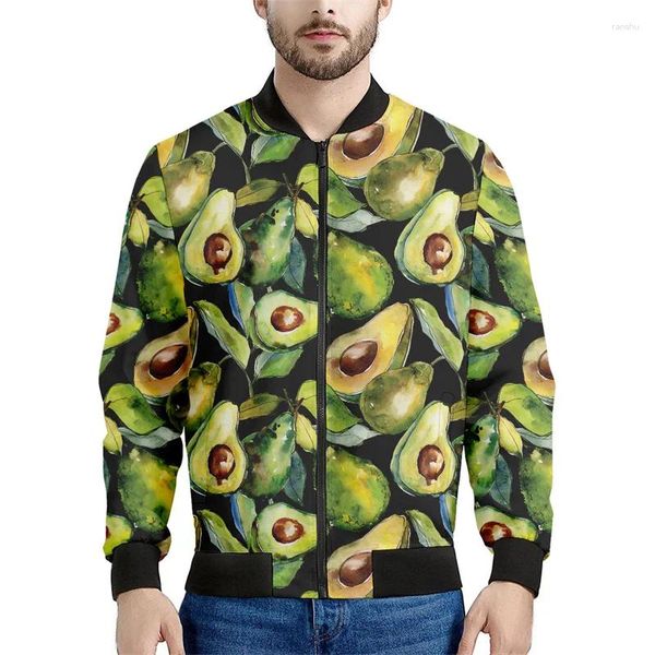 Мужские куртки авокадо рисунок на молнии на молнии для мужчин 3D -печатные фрукты.