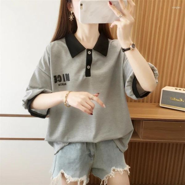 Frauen T-Shirts Koreaner Brief Print T-Shirts Harajuku 2024 Sommer Baumwolle Lose Hemd Kurzarm Turndown Collar Grey Black Y2K Tops