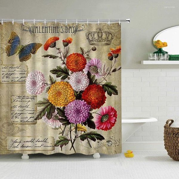 Cortinas de chuveiro Flores europeias cortina de banheiro 3D com ganchos à prova d'água 180x240 Tela de decoração de pano de poliéster