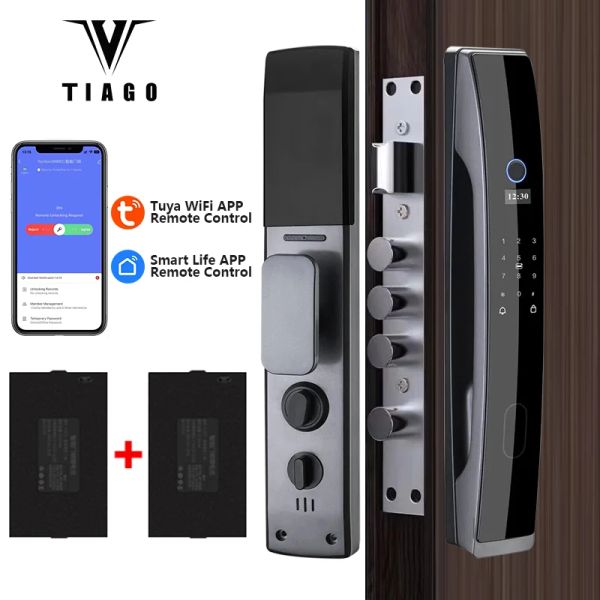 Sperren Tiago A7 Tuya WiFi Fernbedienung Tempennisches Kennwort Fingerabdruck Magnetic Card Password Taste Vollautomatische Smart -Türschloss