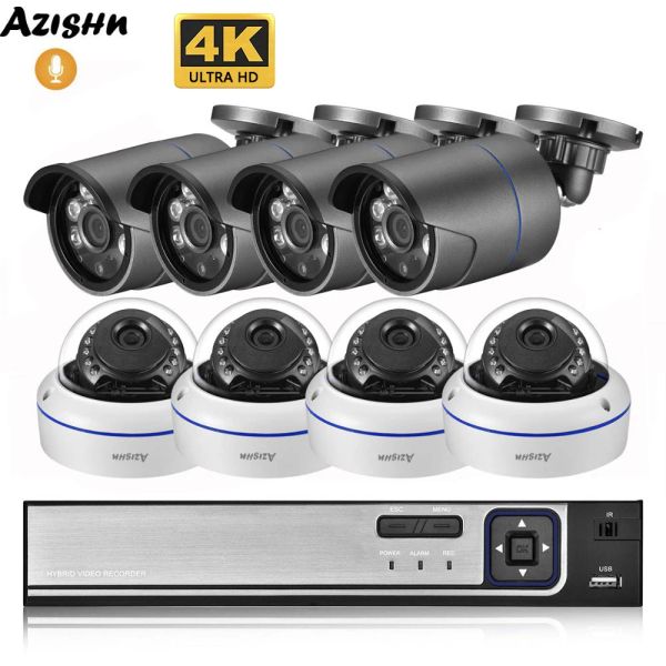 Sistema Azishn 4k Ultra HD 8MP Câmera de segurança Sistema H.265 Poe NVR Kit CCTV Outdoor Metal White Dome Video Videoveillance Camera Conjunto de câmera IP