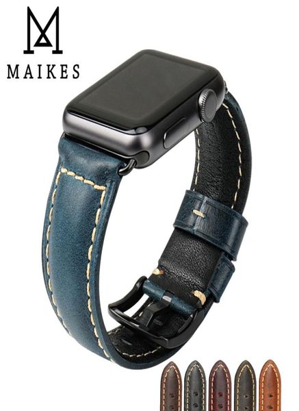 Maikes per Apple Watch Band 42mm 38mm 44mm 40mm Series 4321 IWATCH Olio Blu Cera di orologio in pelle per Apple Watch Strap T19066189788