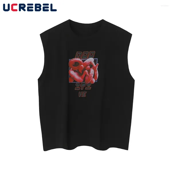 Erkek Tank Tops Grafik Baskı Top Mens High Street Çift Taraflı Baskılı Gevşek Mürettebat Boyun Kolsuz Singlets Erkekler