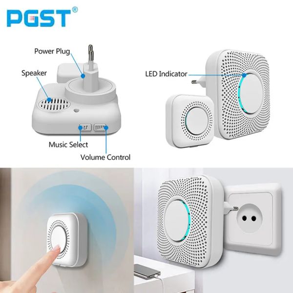 Campainha de campainha PGST Wireless Doorbell 36 Ringtones polifônicos 8 níveis Volume ajustável Porta de casa Trabalho com kits de sistema de alarme PGST