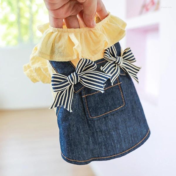 Собачья одежда 1pc Pet Spring/Summer/Owumn Thin Yellow Denim Bow Best Press Princess, подходящее для маленьких и средних собак