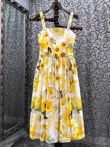 Lässige Kleider Baumwollkleid 2024 Sommer Fashion Ladies Spaghetti -Gurt farbenfrohe Blumendrucke Tasche Patchwork Ärmel und Midi Yellow