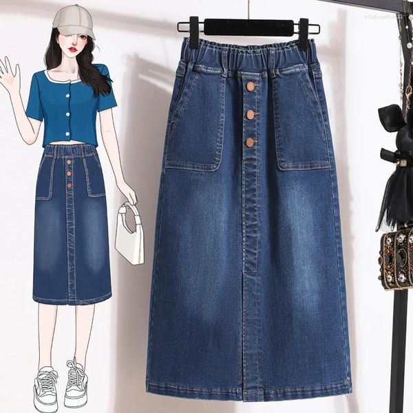 Röcke Single Breastted Split Denim Frau Dehnung eine Linie Elastische Taille Casual Pocket Classic Calf Länge Rock Frau ol Mujer