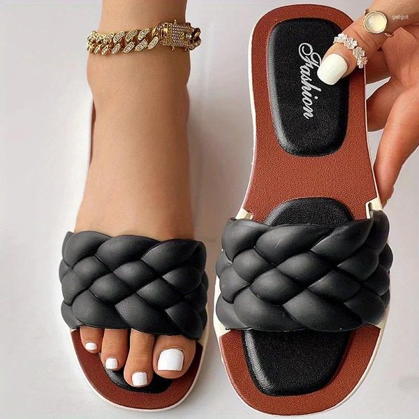 Terlik Kadınlar Açık Ayak Tip Sandalet Yürüyen Düz Renk Ayakkabıları Dokuma Plajı Kadın Tatil Takıntısı Chaussure Femme