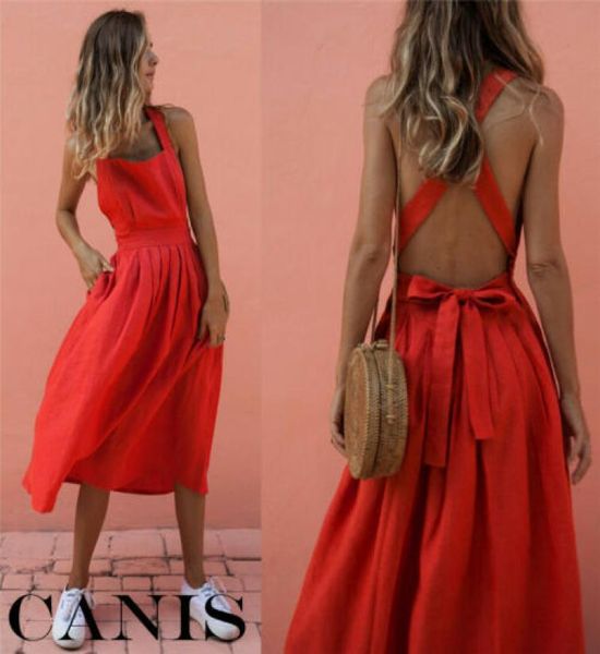 Kadınlar Yaz Kırmızı Elbise Vintage Vestidos Boho Strappy Sırtsız Midi Elbiseler Bayan Gevşek Banda Elbise Partisi Plaj Sundress New4851201