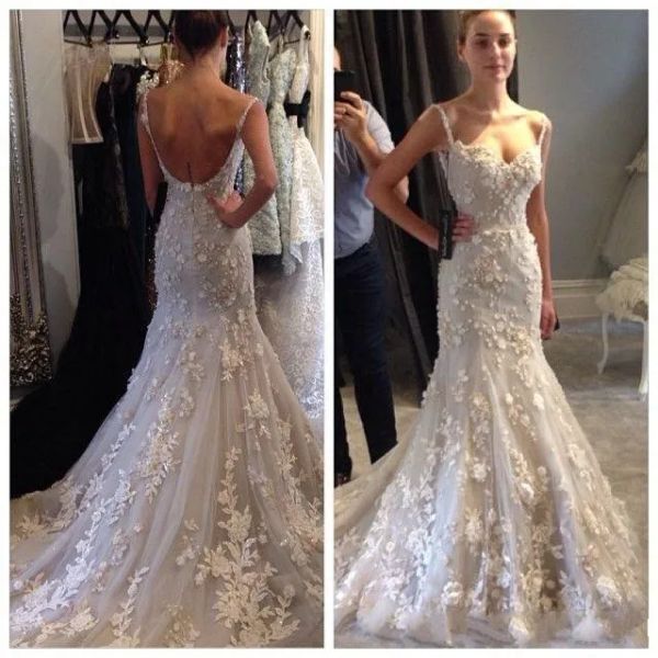 Abiti 2018 spalline di spaghetti in pizzo Steven khalil abiti da sposa 3d fiori sirena appliques sexy appliques in tribunale senza schienale abito da sposa