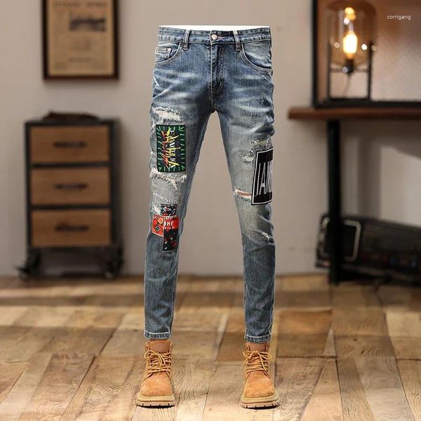 Jeans masculinos High Street Moda Retro Blue Stretch Skinny Fit Ripped Patched Designer Hip Hop Jency Pants Hombre