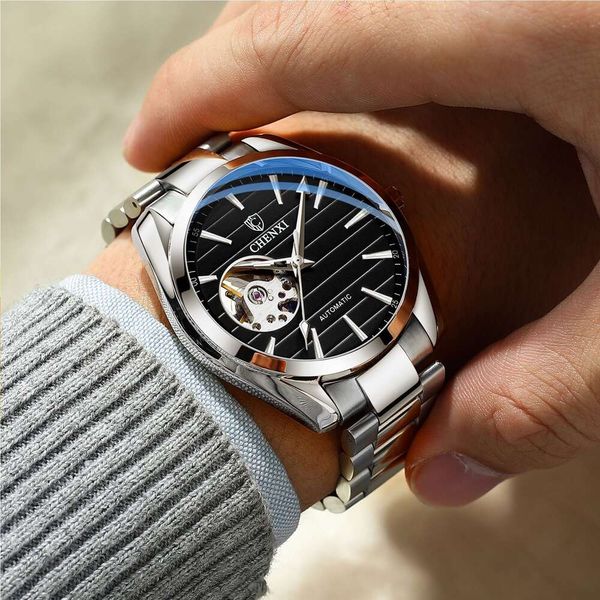 97 Chenxi Business Herren vollautomatisch hohl Out Live Broadcast Steel Band Fashion Mechanical Watch 38