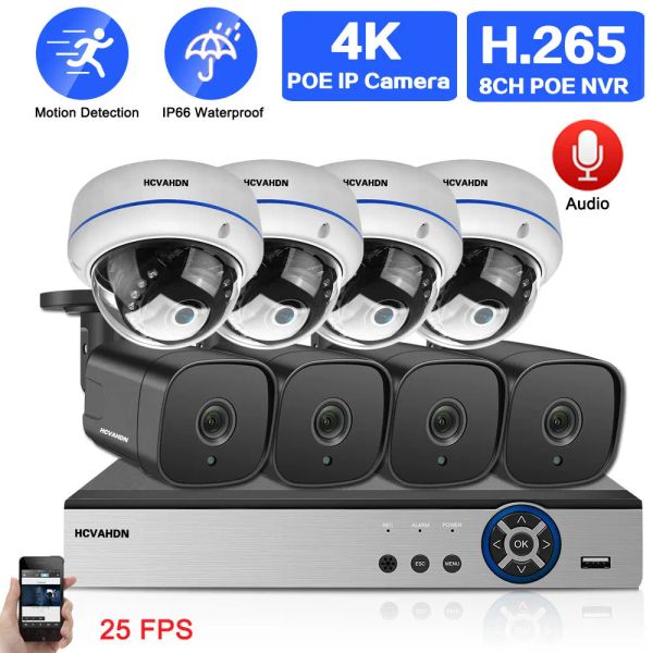 Sistema 8MP Ultra HD POE Sistema de vigilância de videoclipes de rede ao ar livre Câmera de bala à prova d'água IP 4K 8CH NVR CCTV Sistema de segurança Conjunto