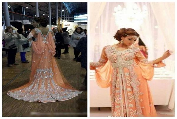 2016 Peach Arabic Fashion Kaftan Вечерние платья длинные халаты Caftan Серебряное серебристое бисера блестящее кафтан без спинки вечерние платья Top Sal6107695