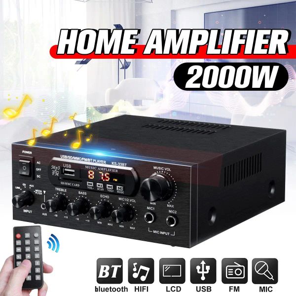 Amplificador 2000W Amplificadores de casa Audio 220V Bass Audio Power Bluetooth Digital Amplificador HiFi FM USB SD LED para alto -falantes de subwoofer