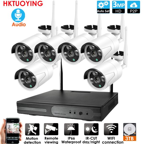 Fırçalar 6Ch Audio 3MP HD Kablosuz NVR Kiti P2P İç Mekan Dış Mekanı IR Night Görme Güvenliği 1080p IP Kamera WiFi CCTV Sistemi
