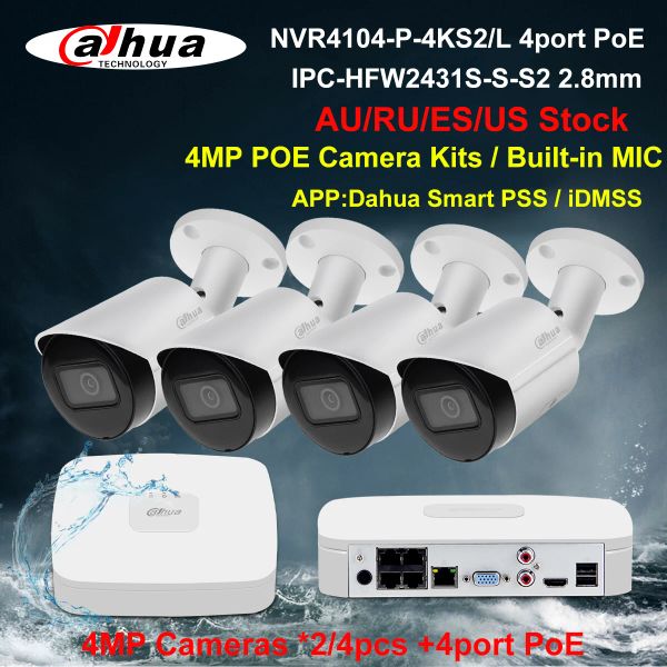 Sistema Dahua Security Camera Sistema Sistema 4MP KITS POE IPCHFW2431SS2 NVR4104P4KS2/L REGISTERMO NVR 4CH 2/4PCS CAMERA IP Build in microfono