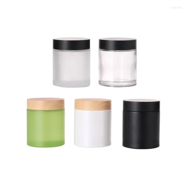 Garrafas de armazenamento Jars de vidro verde preto branco recipientes cosméticos clara plástico lamão de madeira falsa 100g garrafa de recarga de cuidados com a pele vazia vasos de creme