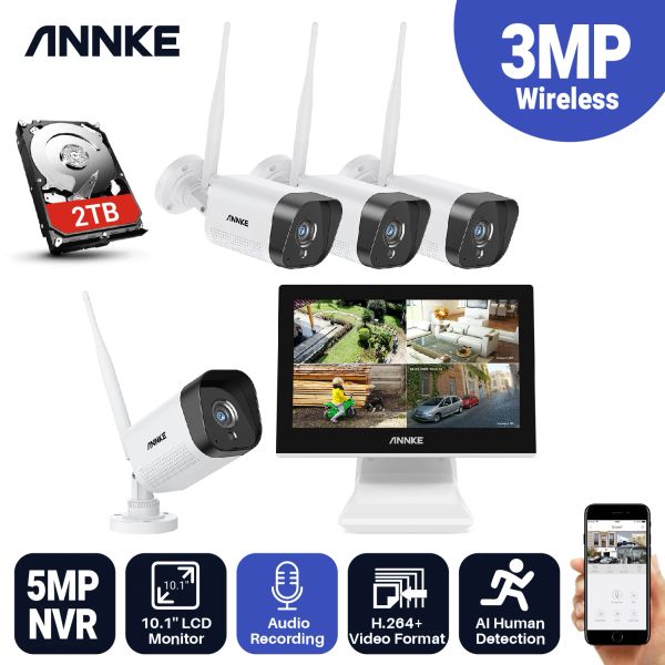 System Annke 4CH 3MP FHD Wireless Video -Sicherheitssystem 10inch LCD -Bildschirm NVR 4PCS 2MP Bullet IP -Kamera Outdoor CCTV -Überwachung Kit