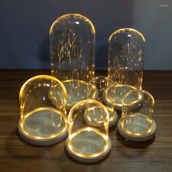 Vasen Glas Dom Holzbasis mit LED Light Birthday Gift Schlafzimmer Dekor DIY Landschaft Vase Trocken Blütenabdeckungsbehälter