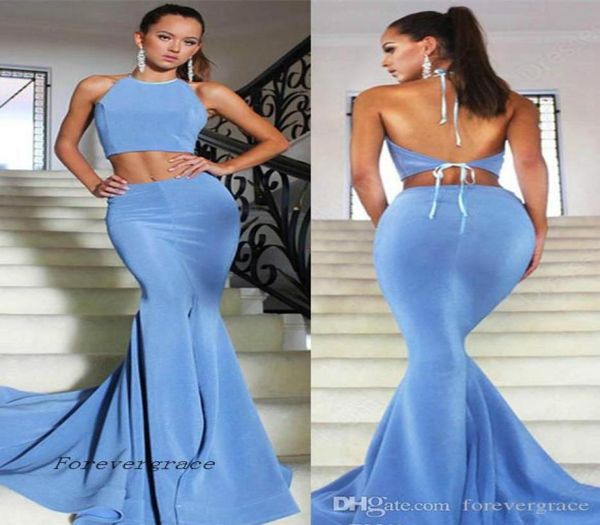 2019 Gorgeous Ocean Blue Prom Kleid billig Einfache zweiteilige rückenlose formale Sommerferien tragen Abend Partykleid Custom Made PLU5783934