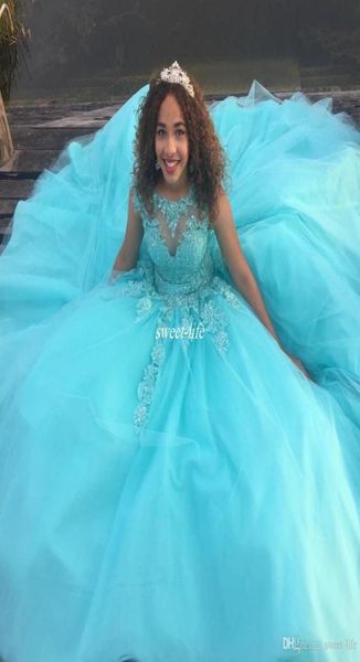 Mint Green Ball Gown Girls Dresses Quinceanera Dresses Open Back Corset Pace paubire Tulle Cap 2019 Plus Times Sweet 16 Drepus