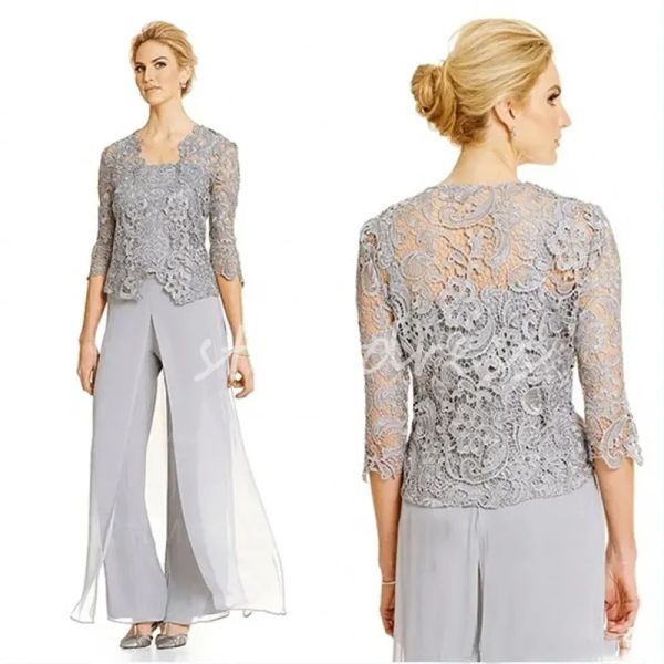 Abiti chic Silver Mather of the Bride Pantalsuit 2024 Tre pezzi Bolero Giacca in chiffon Outfit per ospiti abita