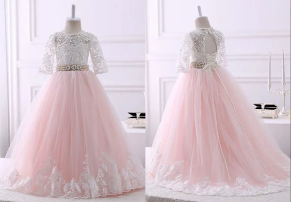 Kleider 2021 Blush Pink mit Elfenbein Spitze Eine Linie Blume Mädchen Kleid billige lange Perlen Ribbon Schlüsselloch zurück Schnürung Tüll Erste Kommunion Dres