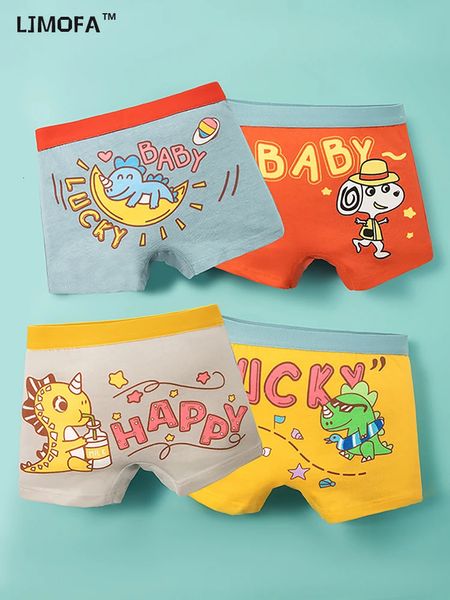 LJMOFA 4PCS infantil garotos de roupas íntimas desenhados de dinossauros Design Childrens calcinha calça de algodão boxers de criança mole boxers Buncionários B302 240329