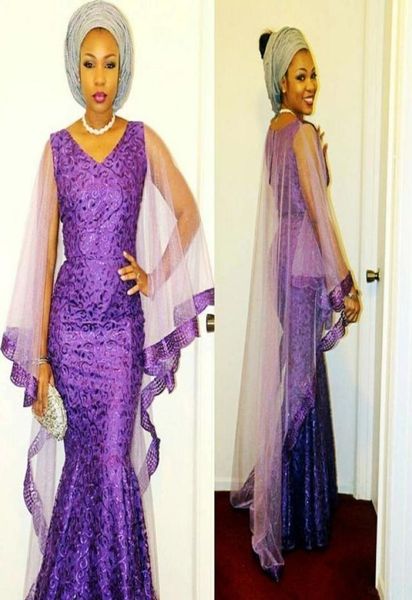 2K17 Black Girls Sereia Vestidos de noite com Watteau Train V Lace de pescoço PLUS TAMANHO DRES DE PROM VESTIMAS AFRICANOS VESTIDOS PURPLE