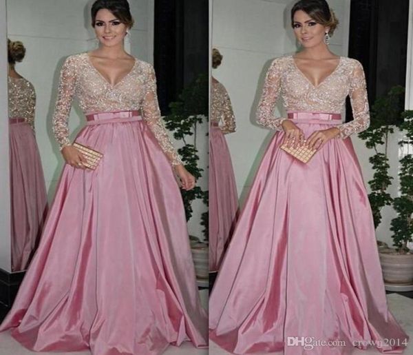 Vestidos de noite de manga comprida com corpete de arco de renda em v misced bishled tafetha aline mãe dos vestidos da noiva com zíper do cinto BAC8188531