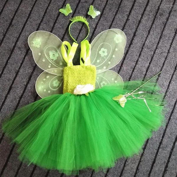 Girl Dresses Girls Green Fairy Flower Dress Tuttu Kids Fluffy 2layer Tulle Tutus con fascia per farfalla set di fasce per bambini COSSPLAY