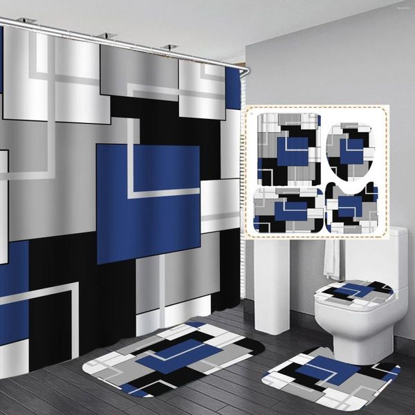 Tende per doccia blu set tende geometriche set a strisce americane decorazione del bagno moderno con tappeto da bagno coperchio per bagno