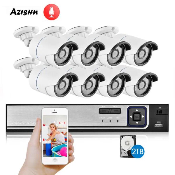 System Azishn H.265 8ch 1080p POE NVR Kit CCTV -Sicherheitssystem 2MP Audio IP -Kamera IR Outdoor P2P CCTV Videoüberwachung Set