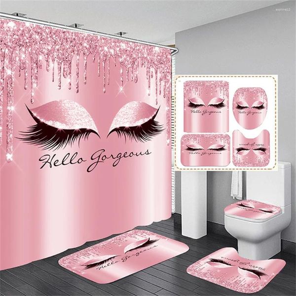 Duschvorhänge stilvolle abstrakte Kunst Badezimmer Vorhang Set rosa Wimpern charmante Augenhintergrunddekoration Polyester