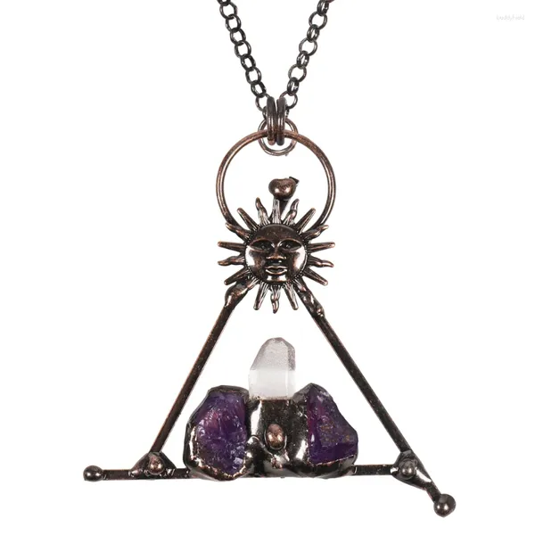 Anhänger Halsketten natürliche Kristall Sonnengöttin Dreieck Bronze Retro Amethyst Inlay White Reiki Heilungs Halskette Schmuck