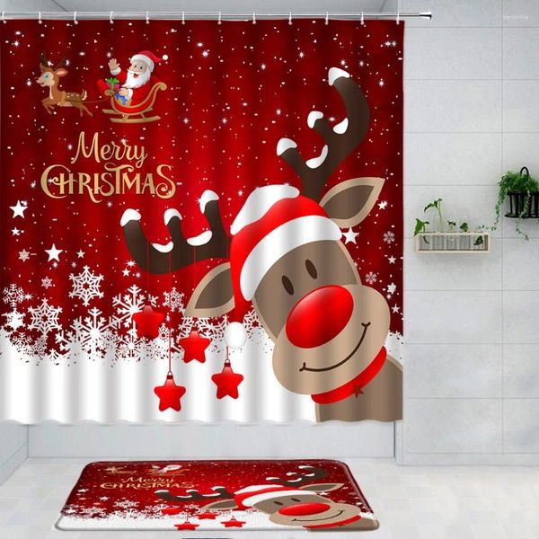 Duschvorhänge Weihnachten Rentier Vorhang Set Bad Matte Cartoon Schneflake Kid Badezimmer Dekor Rot Stoff Anti Slip Teppich