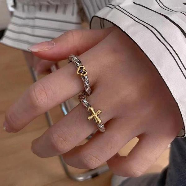 Rings de cluster Vintage Love Heart Cross for Women Couples Fashion Creative Design criativo Irregular