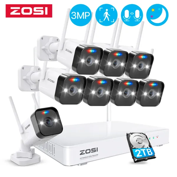 System Zosi 3MP HD WiFi Videoüberwachungssystem 8CH 2K NVR AI IP -Kameras Kit mit Farb Nachtsicht Wireless CCTV -Sicherheitssystem