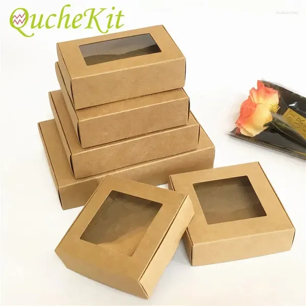 Wrap regalo 6pcs scatola di carta kraft di dimensioni mulit con biscotti trasparenti per le scatole di imballaggio di gioielli caramelle