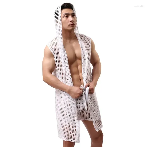 Decken Herrenbademantel Hauskleidung Freizeit Nachtwege Mesh durch sexy Robe mit Motorhaube Mantle Pijama Männer (keine Shorts) Decke