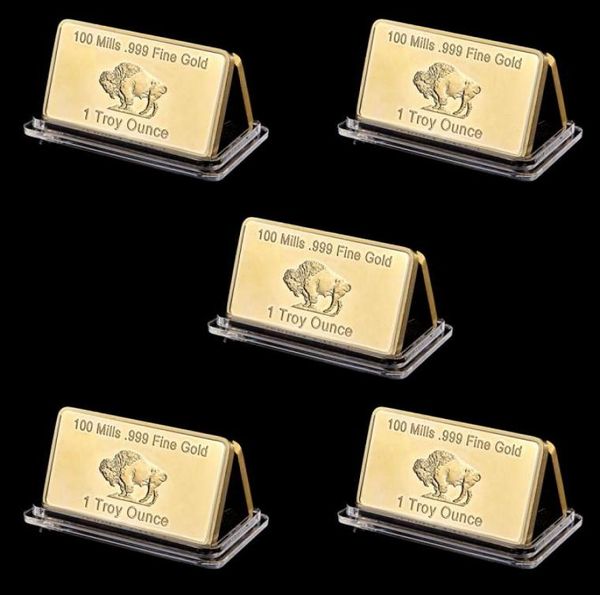 5pcs Metal Craft 1 Troy onça Estados Unidos Buffalo Bullion Coin 100 Mill 999 Fine American Gold Plated Bar2447215