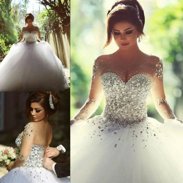 Abiti Dubai Abiti da sposa a maniche lunghe araba con cristalli di strass Crystals Major perline da ballo senza schienale Elegante ha detto Mhamad Bridal Gow