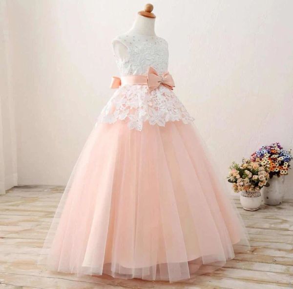 Abiti abiti da ballo gioiello tulle in pizzo pesca in pizzo con filo con fiocco con fiocco pavimento del nastro da sposa abito da fiore da sposa