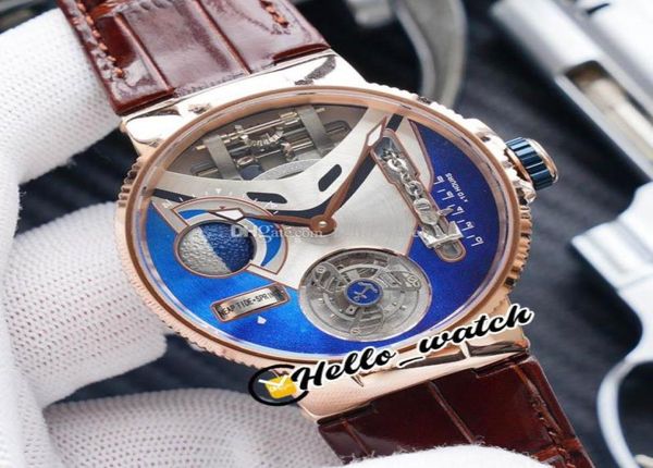 Nuovo Mega Yacht 6319305 smalto blu 3D Blue Dial di tourbillon Orologio da uomo in oro in oro marrone orologio in pelle marrone Hello1448238