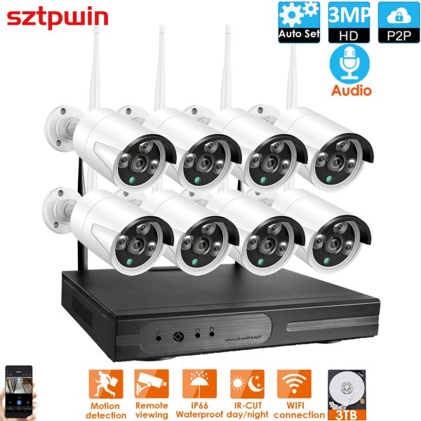 Sistema 8CH 3,0MP de áudio FHD Kit NVR sem fio P2P Inteiro Ir Night Vision Segurança 3.0MP Câmera IP WiFi CCTV System